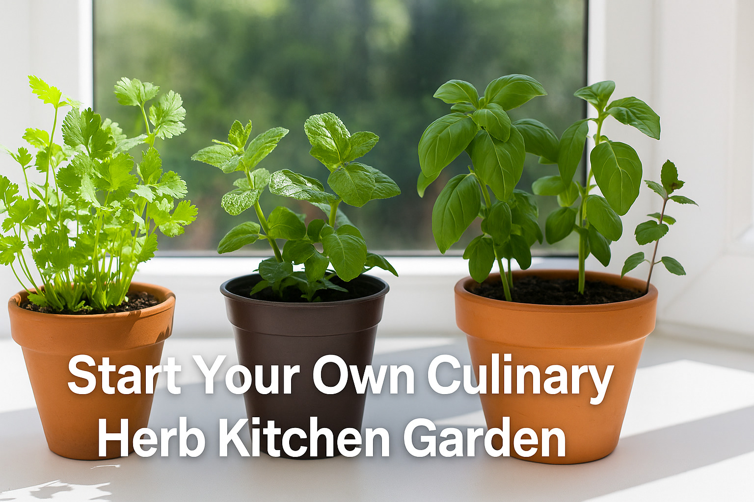Four potted herbs, including coriander, mint, basil, and tulsi, on a sunny kitchen windowsill with text overlay 'Start Your Own Culinary Herb Kitchen Garden